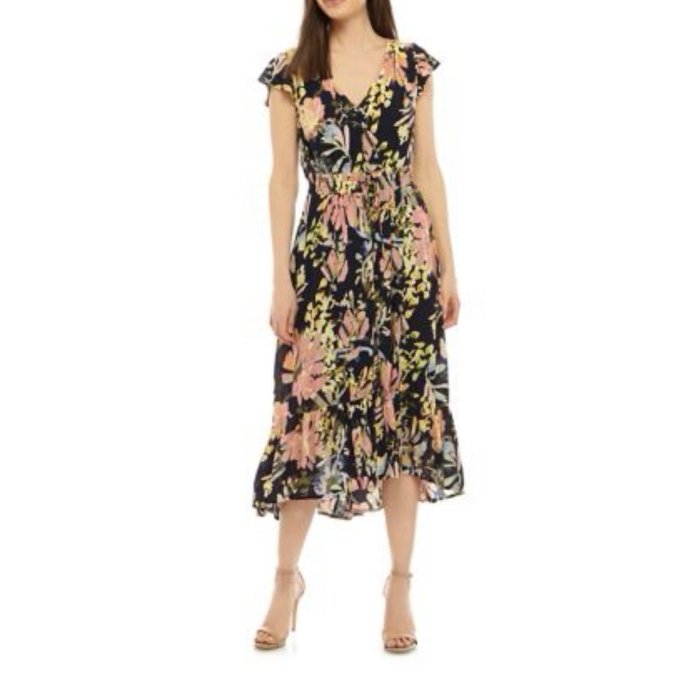 New Directions sz petite medium spring blooms hi low flutter sleeve midi dress